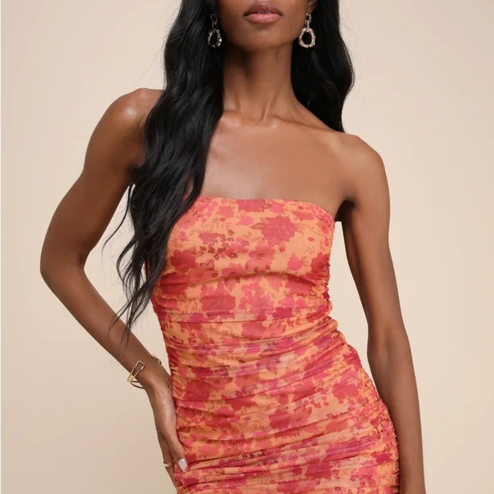 Lulu's Orange and Pink Strapless Ruched Bodycon Dress